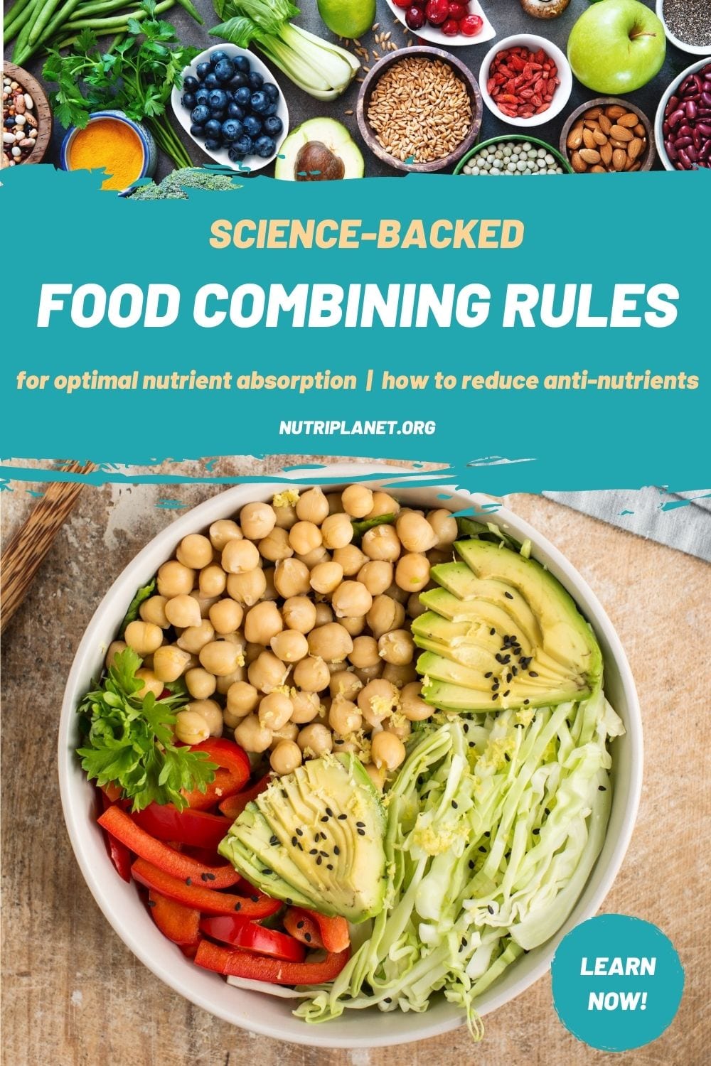 Aprende las reglas de combinación de alimentos respaldadas por la ciencia para mejorar la absorción de nutrientes y degradar el efecto de los antinutrientes.