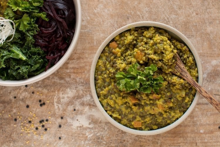 Easy and delicious oil-free vegan dal recipe with millet and black lentils.