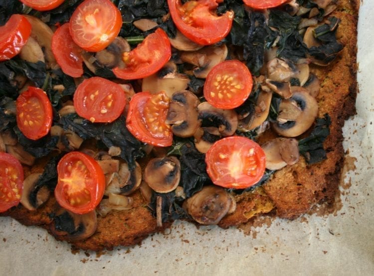 plant-based flourless kale-mushroom pizza