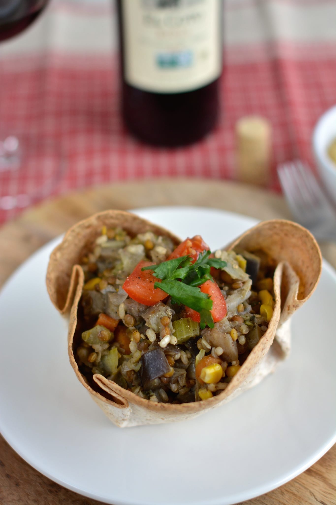 Tortilla Bowls Filled with Rice-Lentil-Veggie Stew