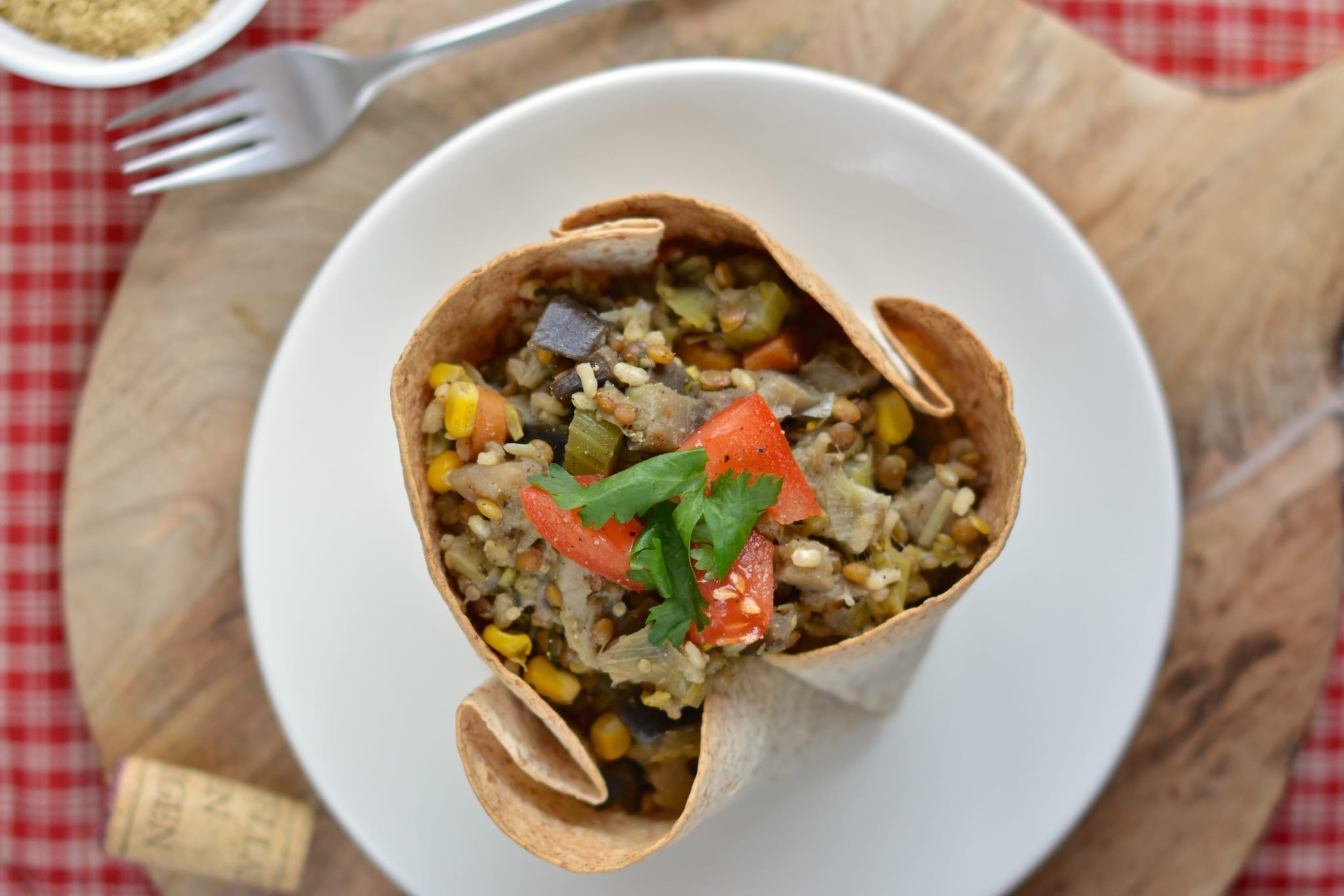 Tortilla Bowls Filled with Rice-Lentil-Veggie Stew