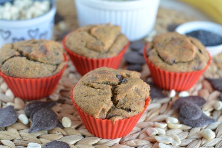 Banana-Mango-Chocolate Chunk Spelt Muffins with Poppy Seeds