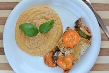 Cheesy Veggie-Sweet Potato-Tomato Casserole with Soft Hummus