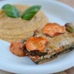 Cheesy Veggie-Sweet Potato-Tomato Casserole with Soft Hummus