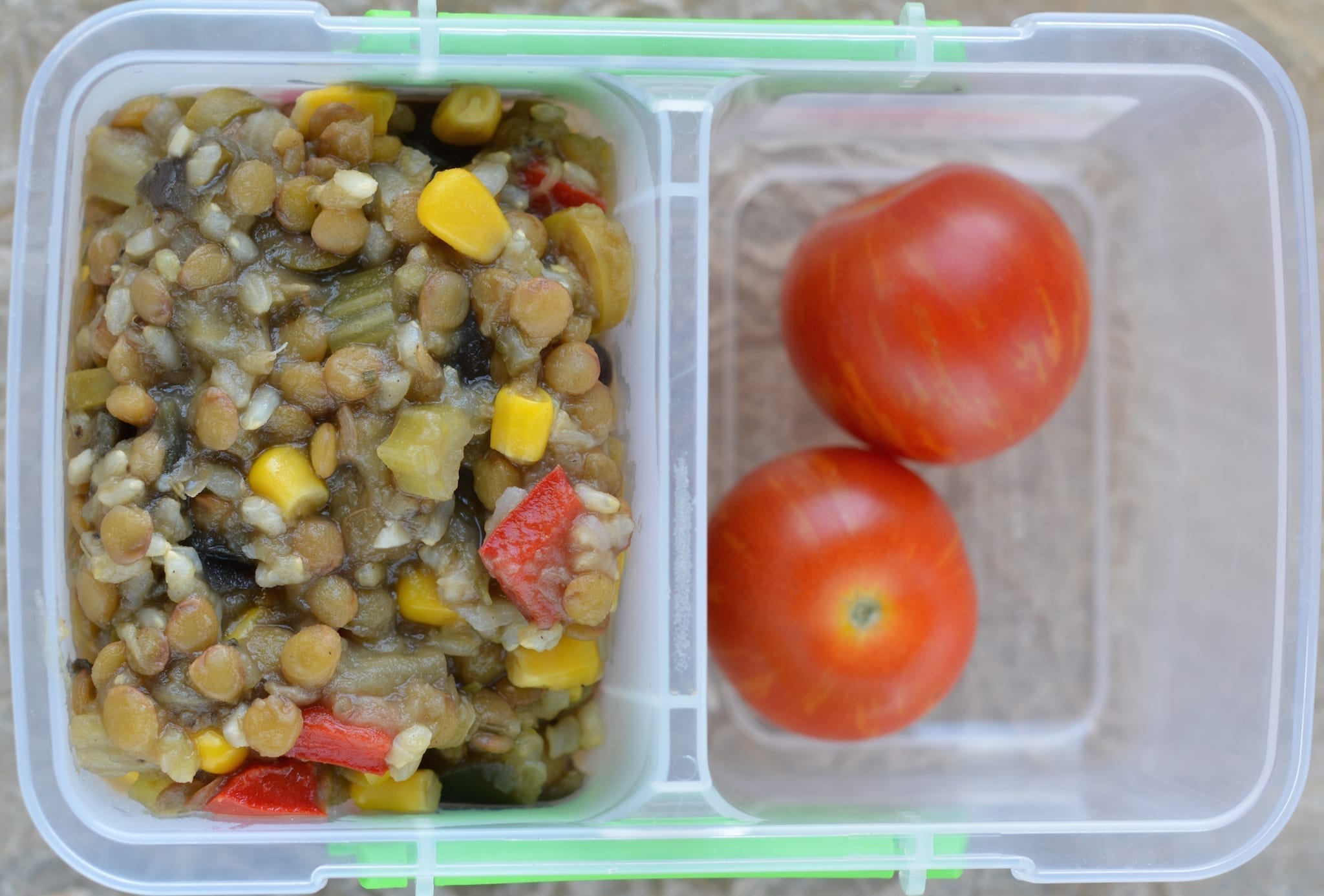 Green Lentil-Rice-Eggplant-Bell Pepper Stew with Cherry Tomatoes