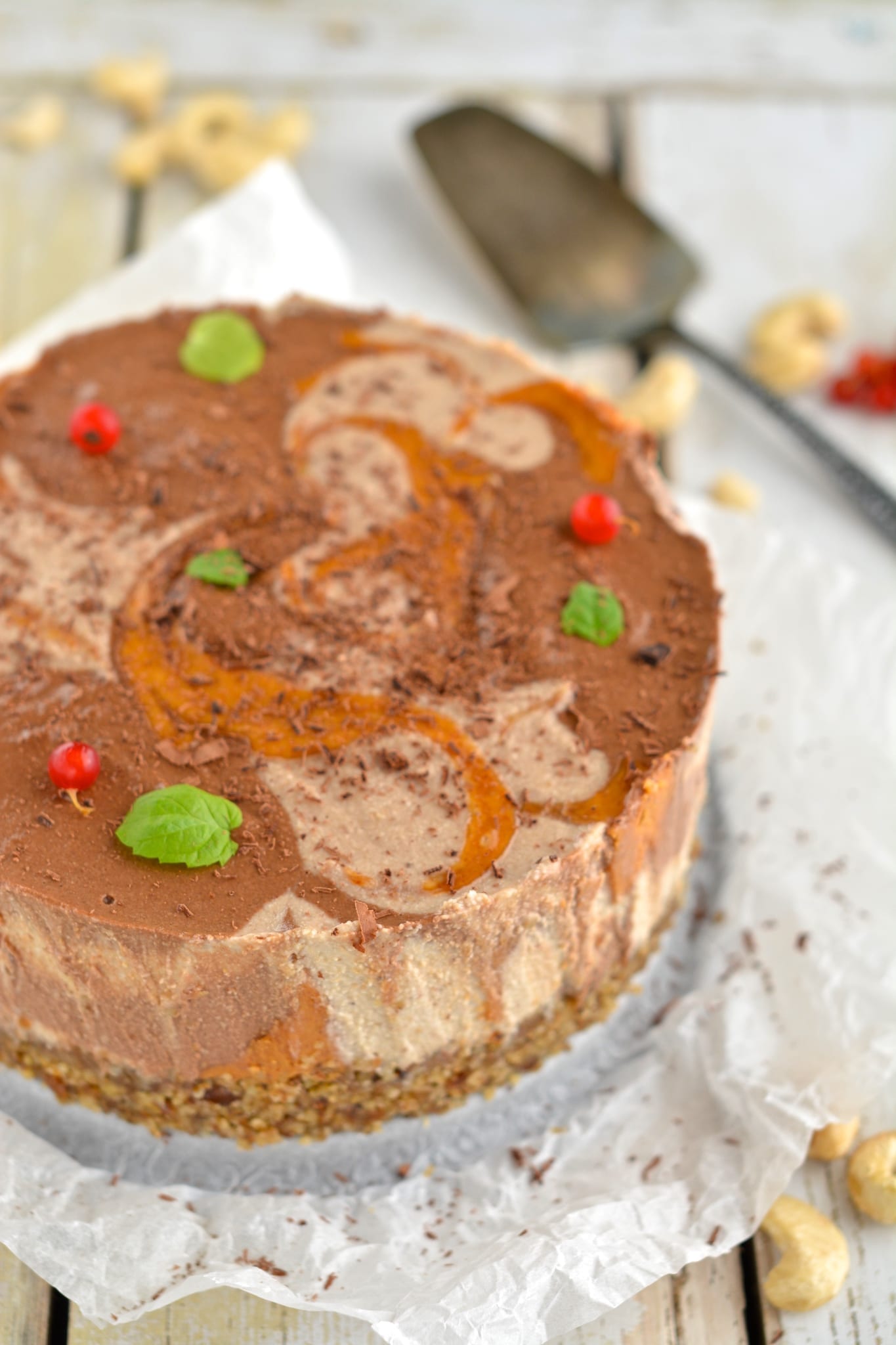 Raw Vegan Cheesecake Recipe with Cashews and Peanut Butter Swirls