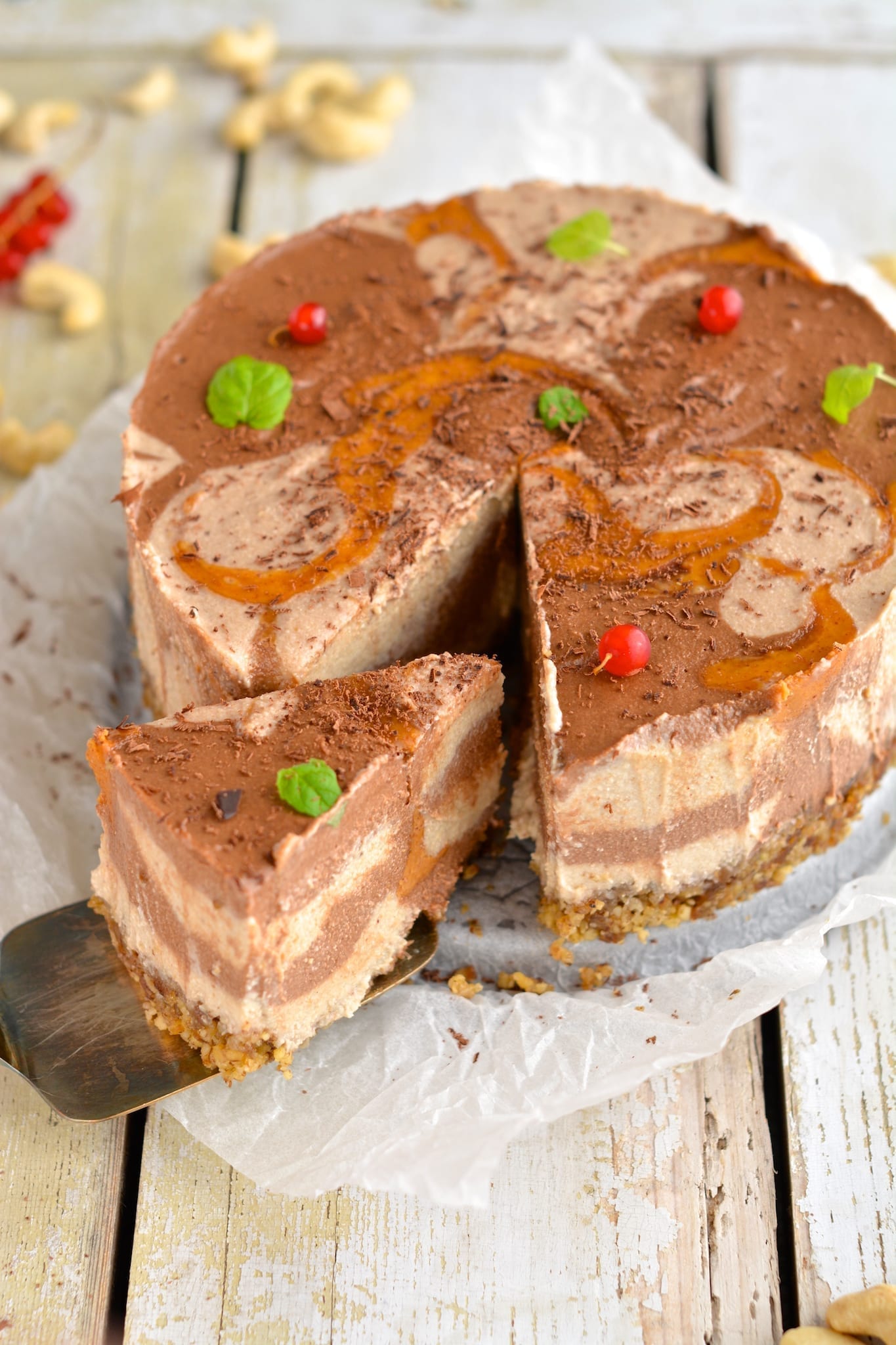 Raw Vegan Cheesecake Recipe with Cashews and Peanut Butter Swirls