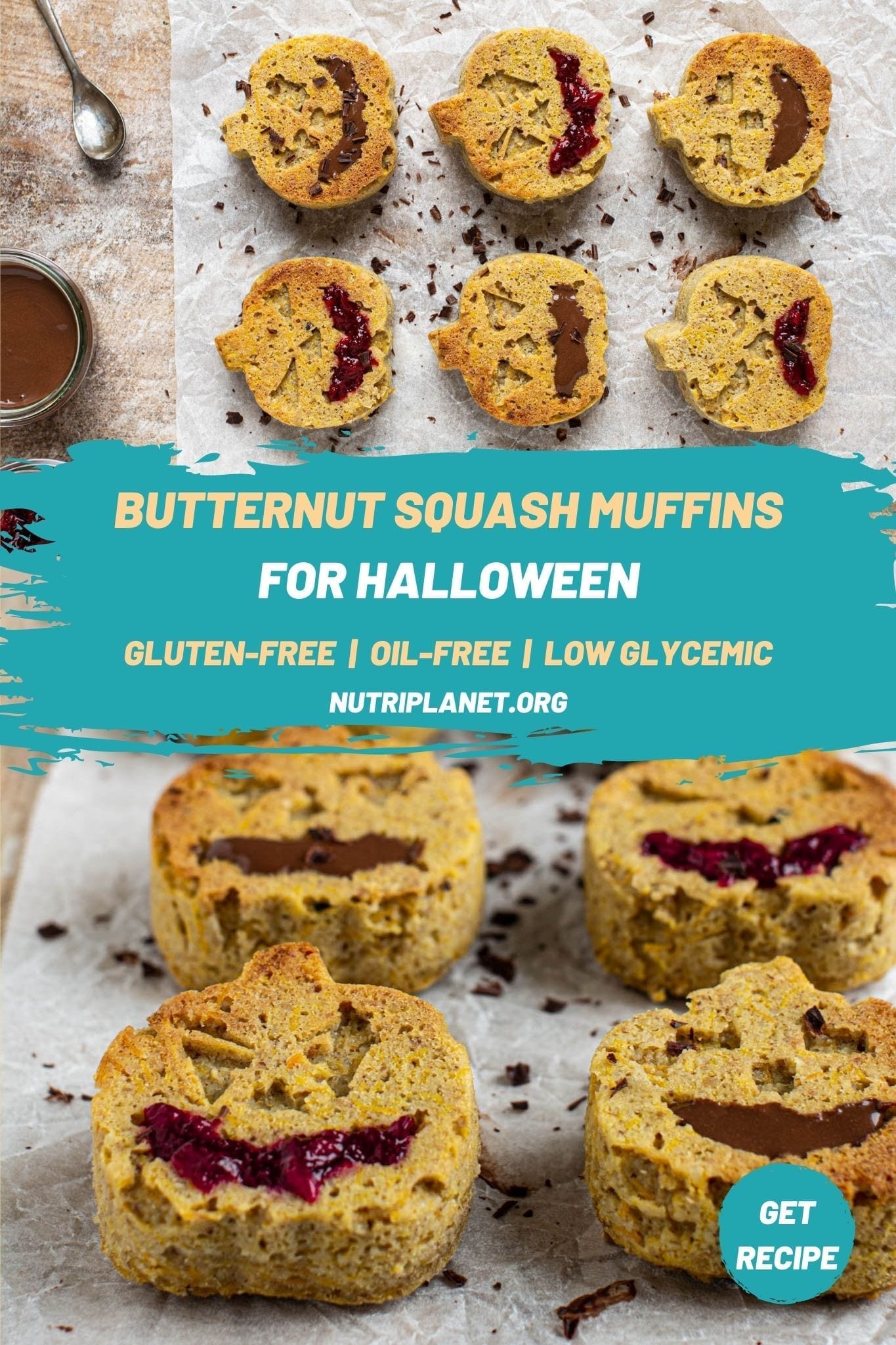 Moist and delicious Halloween butternut squash muffins that are gluten-free, oil-free, low glycemic and vegan. 