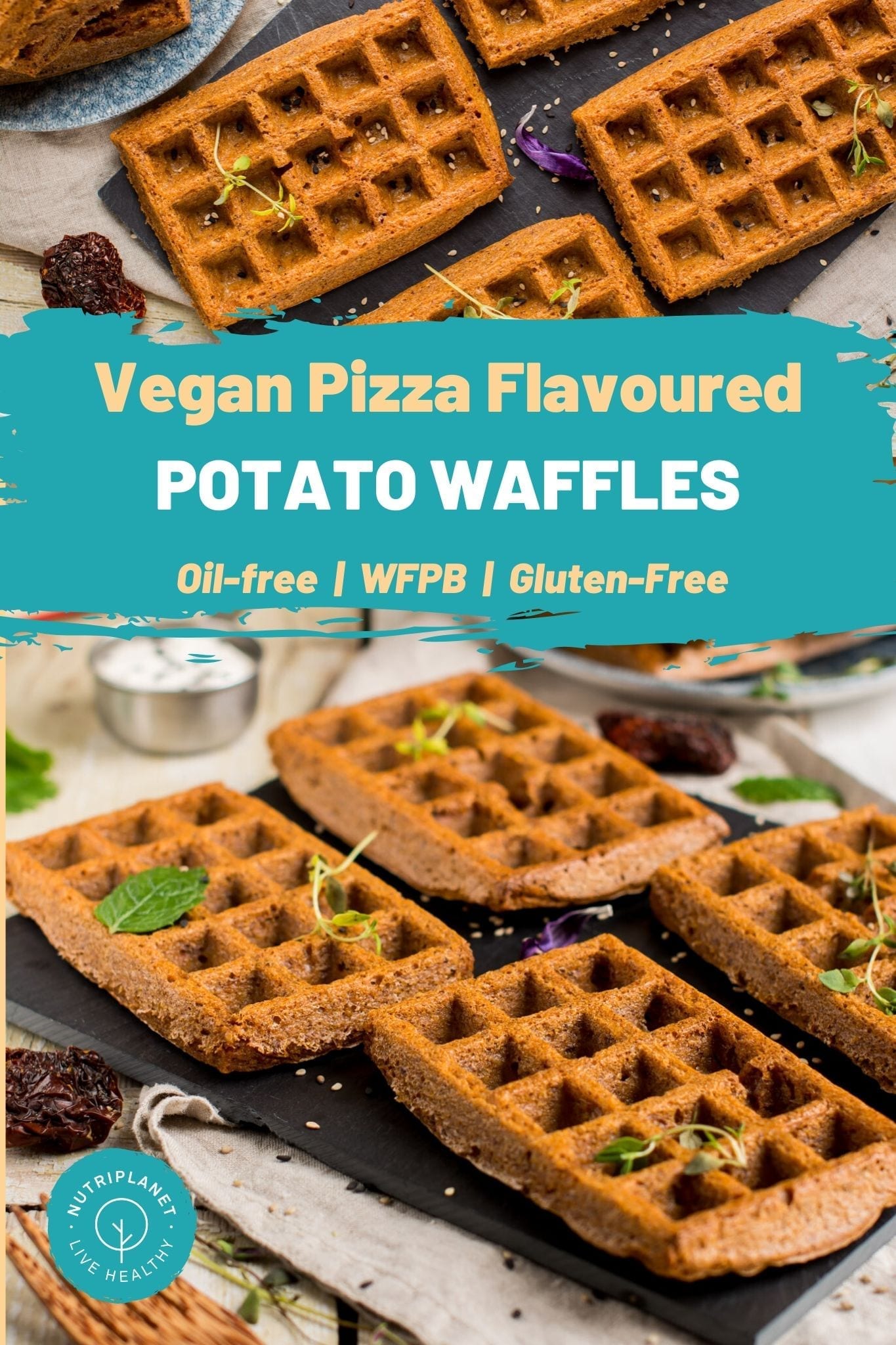 Vegan pizza flavoured gluten-free and oil-free potato waffles that use soaked millet and buckwheat instead of flour.