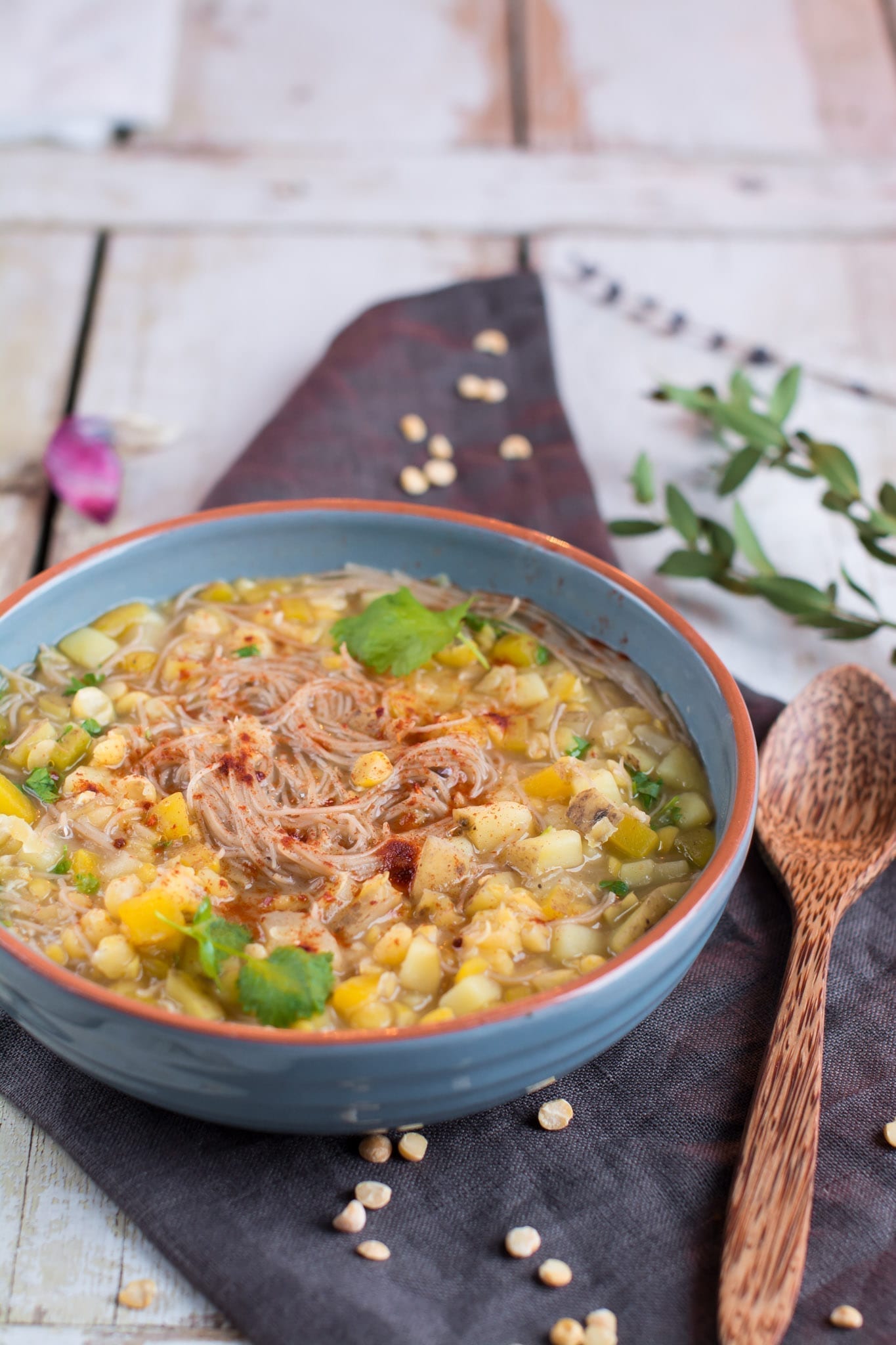 Smoky Split Pea Soup with Rice Noodles