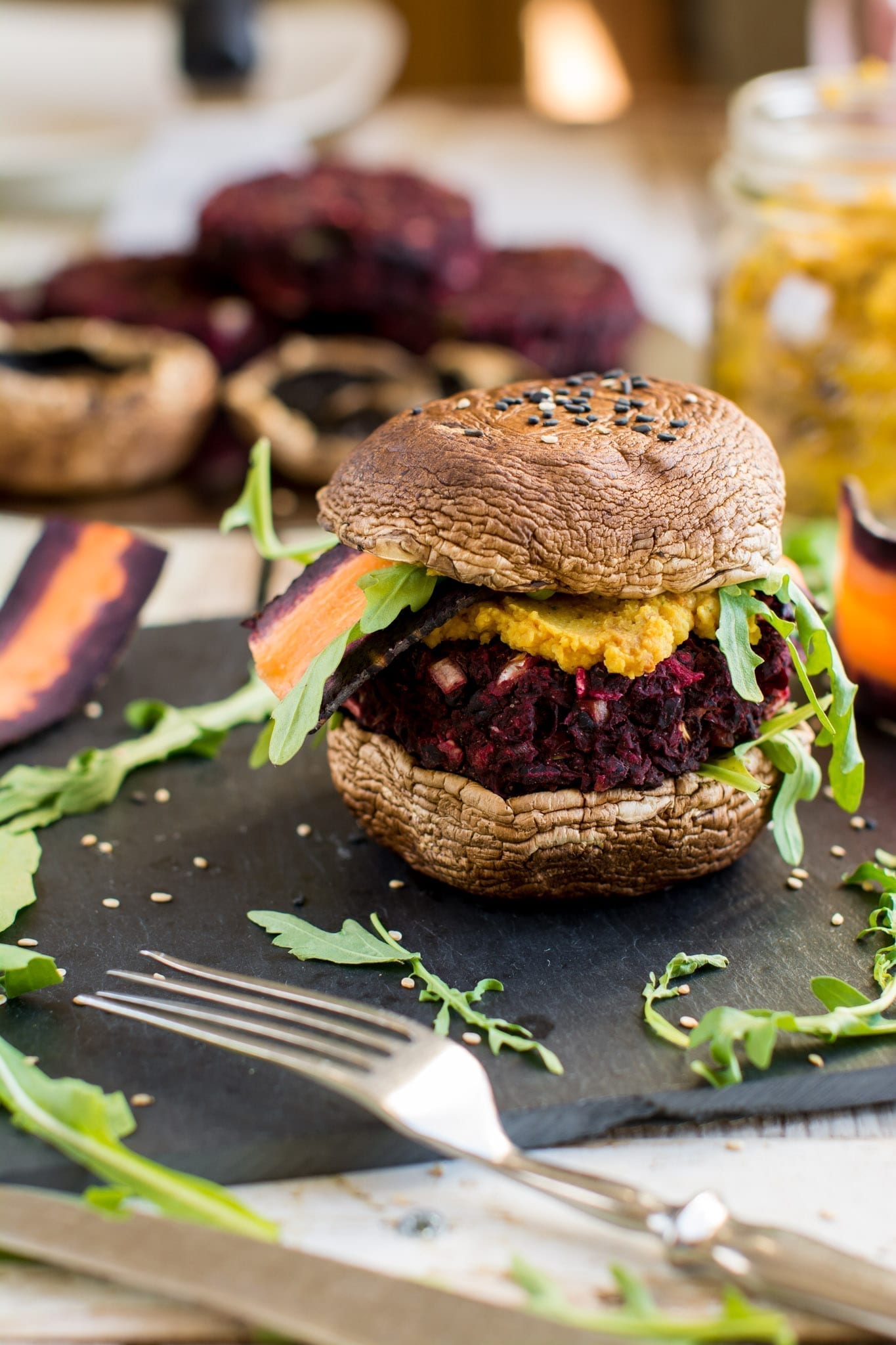 Vegan Portobello Burger with Black Bean-Beet Patty and Hummus