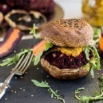 Vegan Portobello Burger with Black Bean-Beet Patty and Hummus