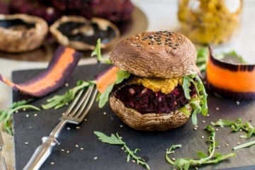 Vegan Portobello Burger with Black Bean-Beet Patty and Hummus