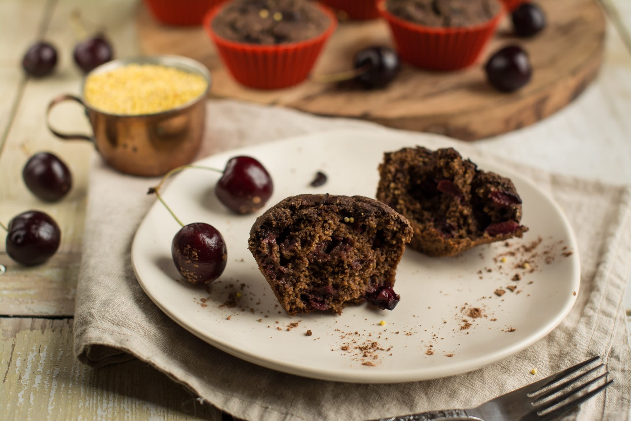 Gluten Free Vegan Cherry Muffins with Chocolate Flavor [OilFree]