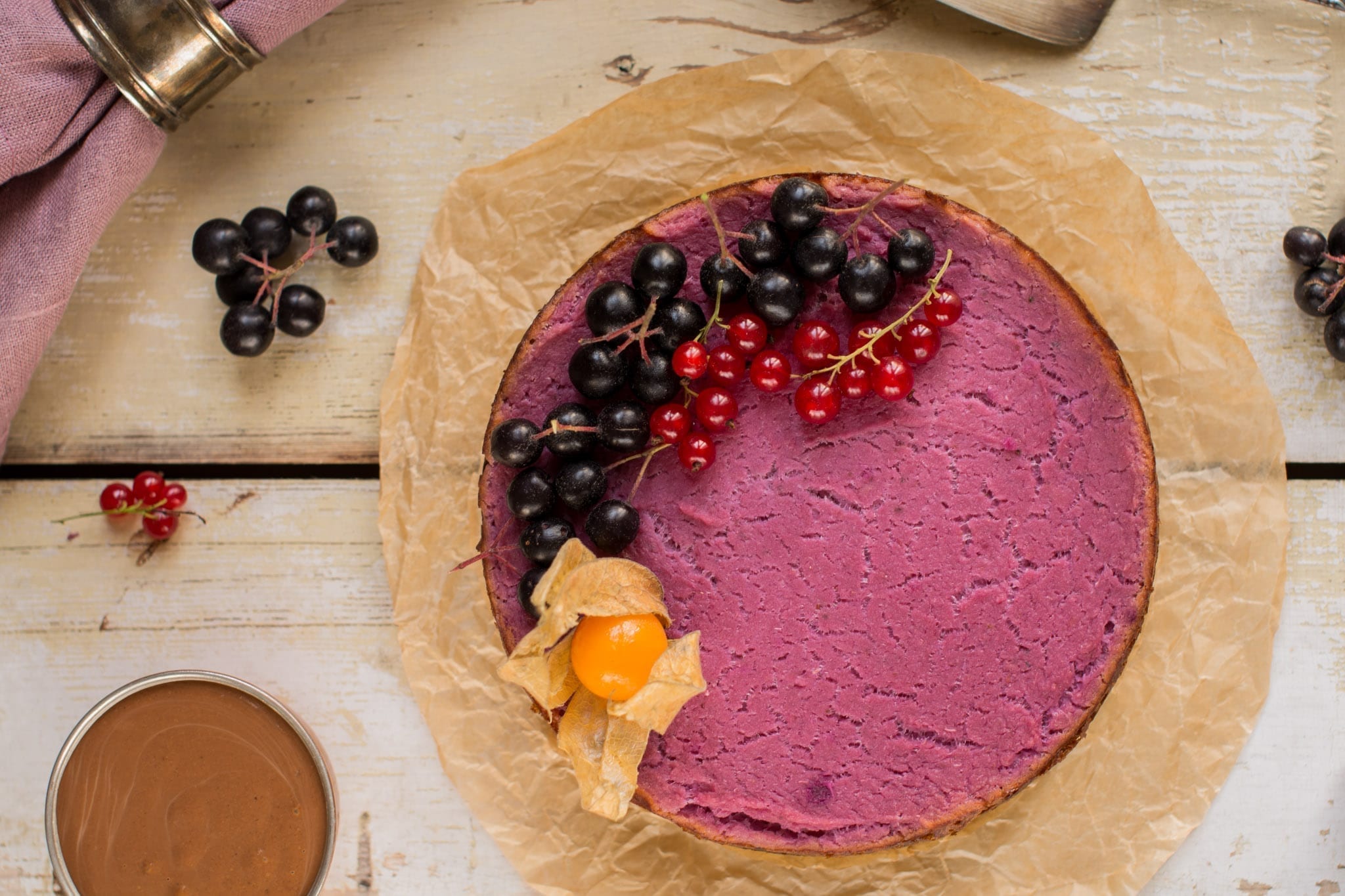 Tofu cheesecake with purple sweet potato