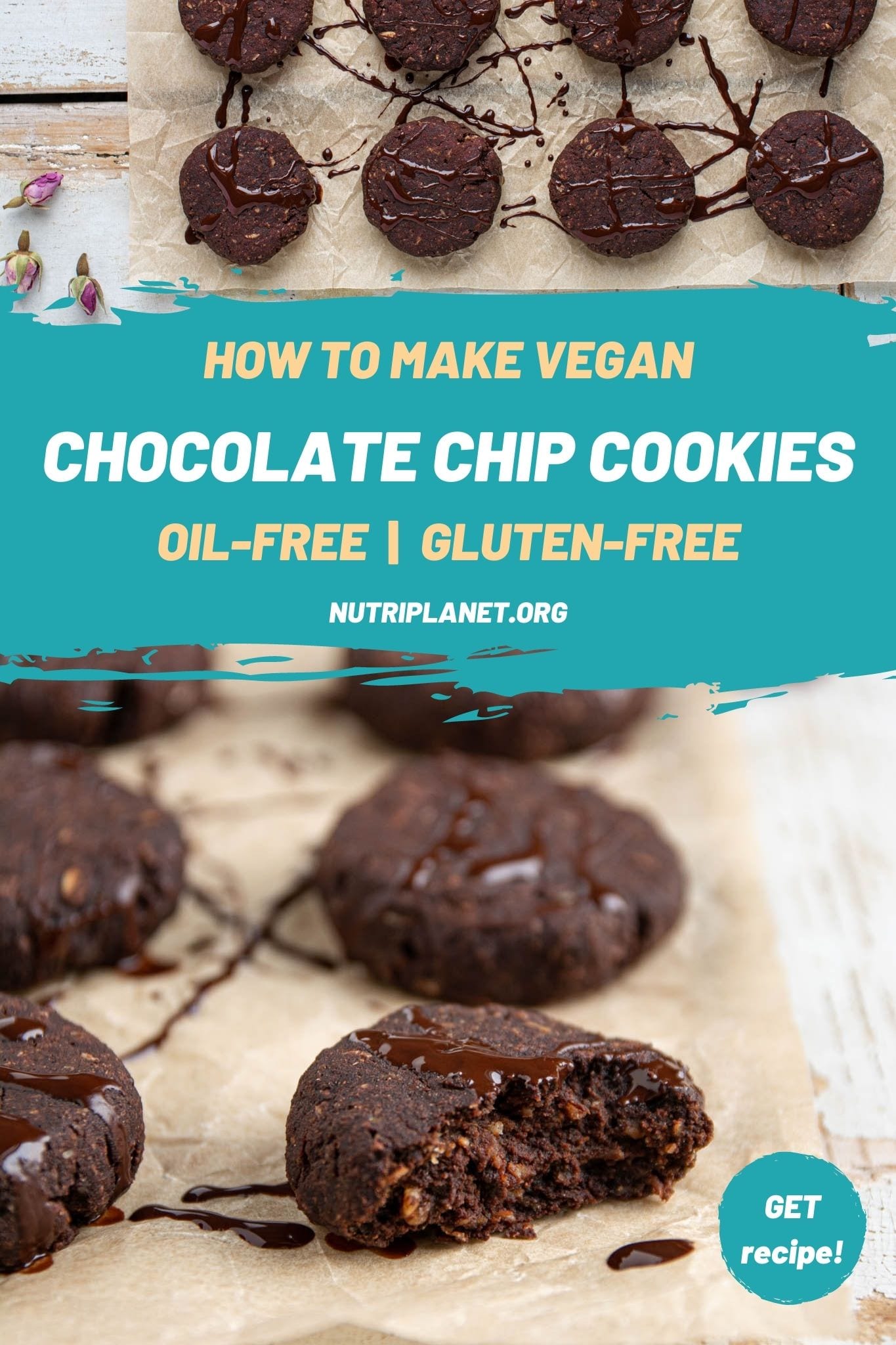 Delicious and hearty really chocolaty vegan chocolate chip cookies that are gluten-free and oil-free.