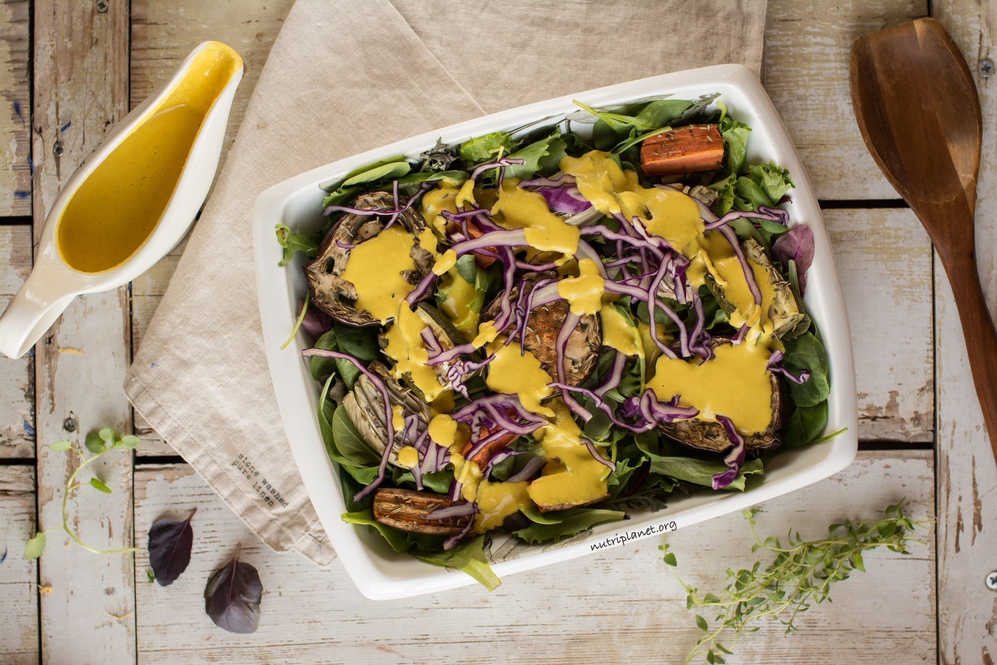 Vegan Salad with Roasted Veggies and Tahini Dressing