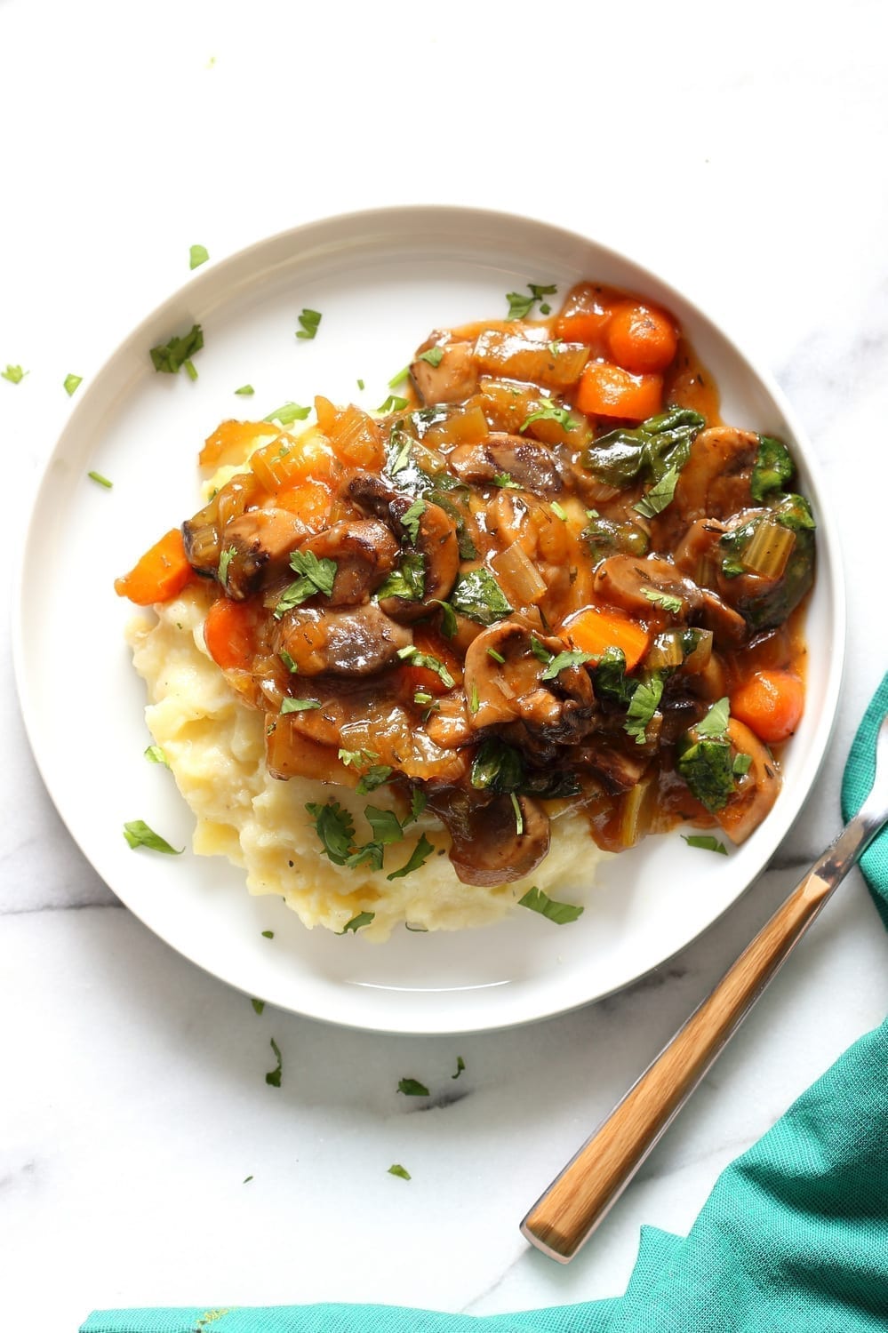 Vegan Christmas Dinner: Vegan Bourguignon with mushrooms over Potato Cauliflower Mash