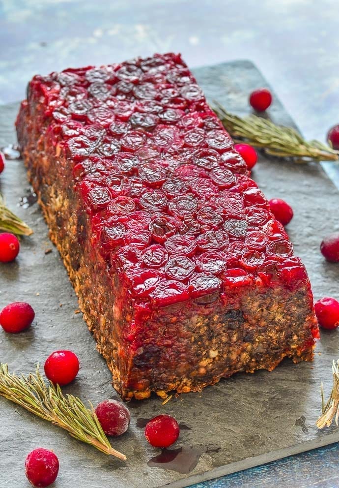 Vegan Christmas Dinner: Mushroom Lentil Loaf with Cranberries