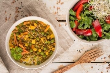 Vegan Stew with Brown Lentils, Green Peas and Corn