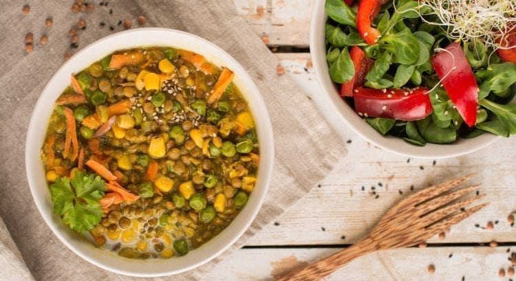 Vegan Stew with Brown Lentils, Green Peas and Corn