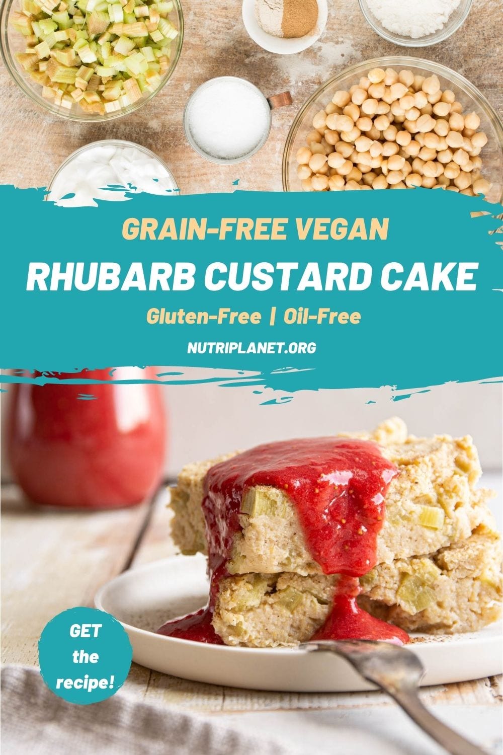 Oil-free and refined sugar free flourless vegan rhubarb custard cake. Refreshing sourness of rhubarb combined with creamy custard of chickpeas and coconut in a healthy way.