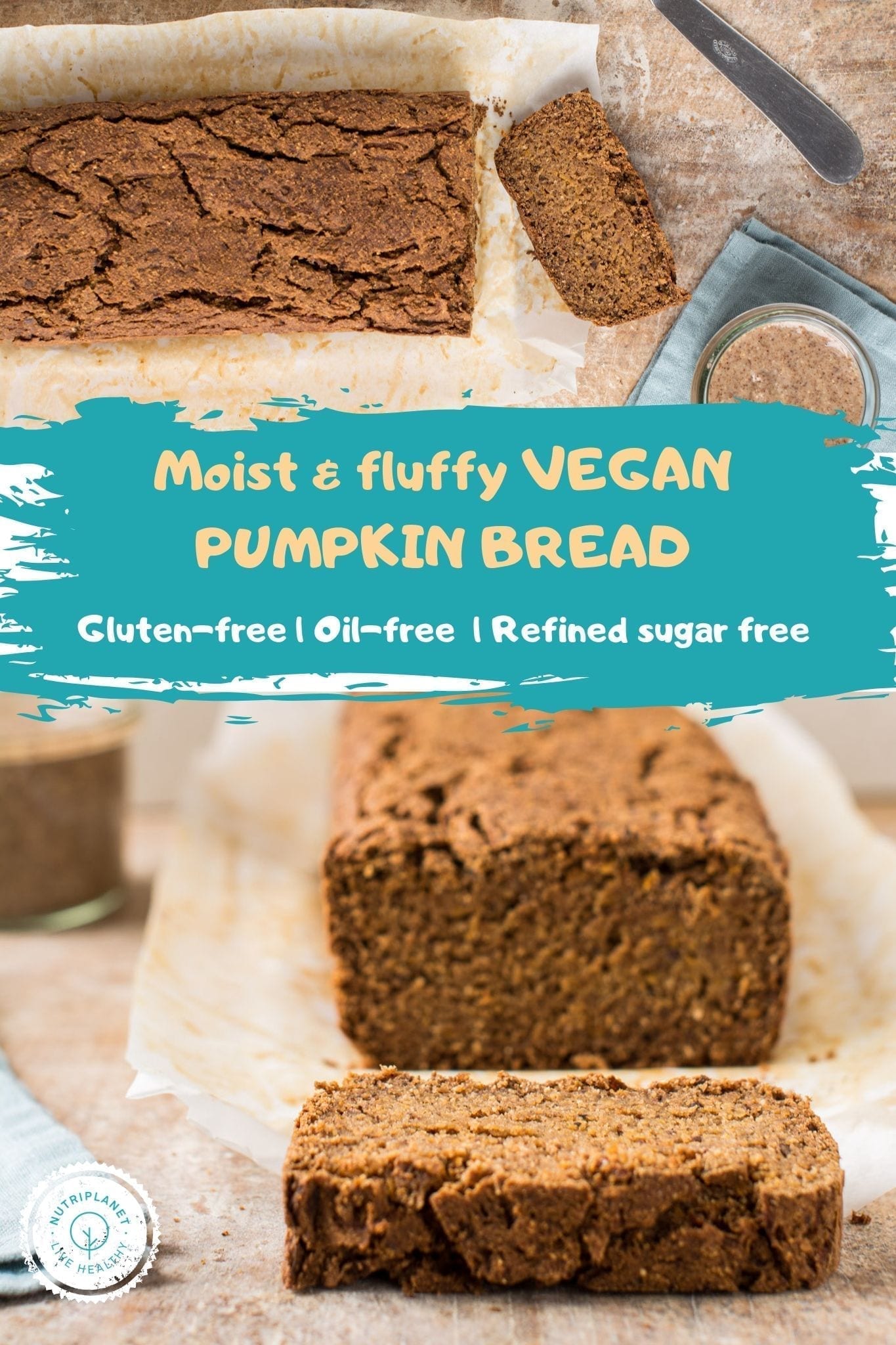 Perfectly moist vegan gluten-free pumpkin bread recipe that uses neither oils nor refined sugar. 