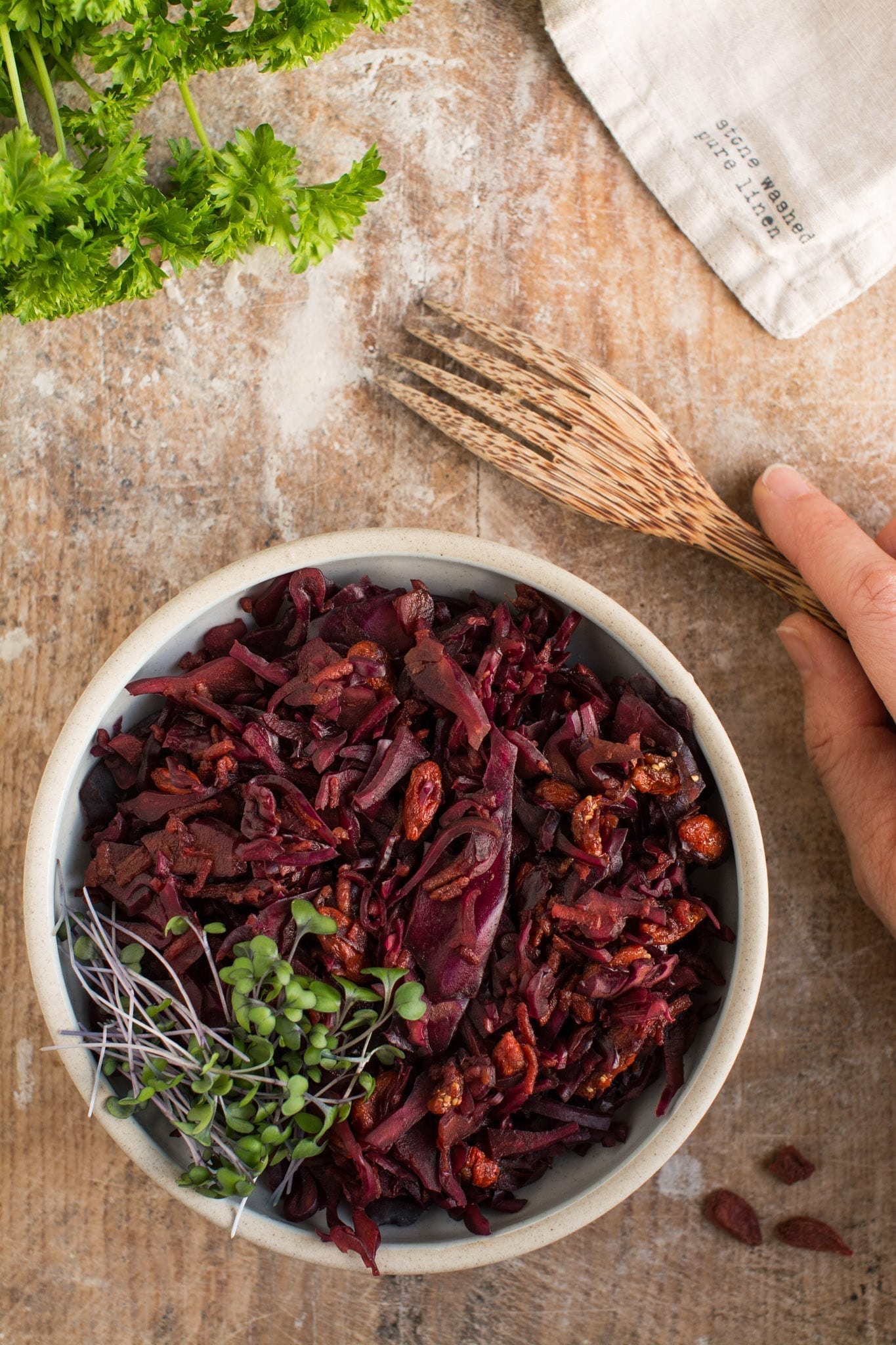 Vegan red cabbage coleslaw makes an excellent side dish packed with vitamins with an extra boost of friendly bacteria from miso paste. 