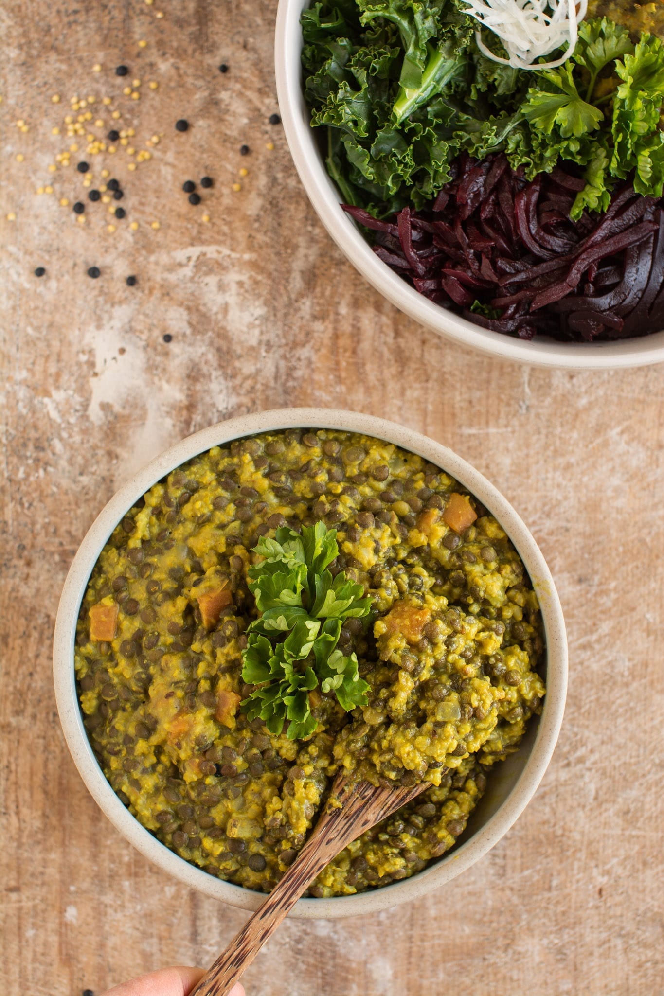 Easy and delicious oil-free vegan dal recipe with millet and black lentils.