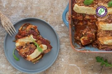 Superbly flavourful vegan tomato zucchini casserole with mozzarella that is oil-free and gluten-free. Excellent Mediterranean vegan recipe for side dish or main meal.