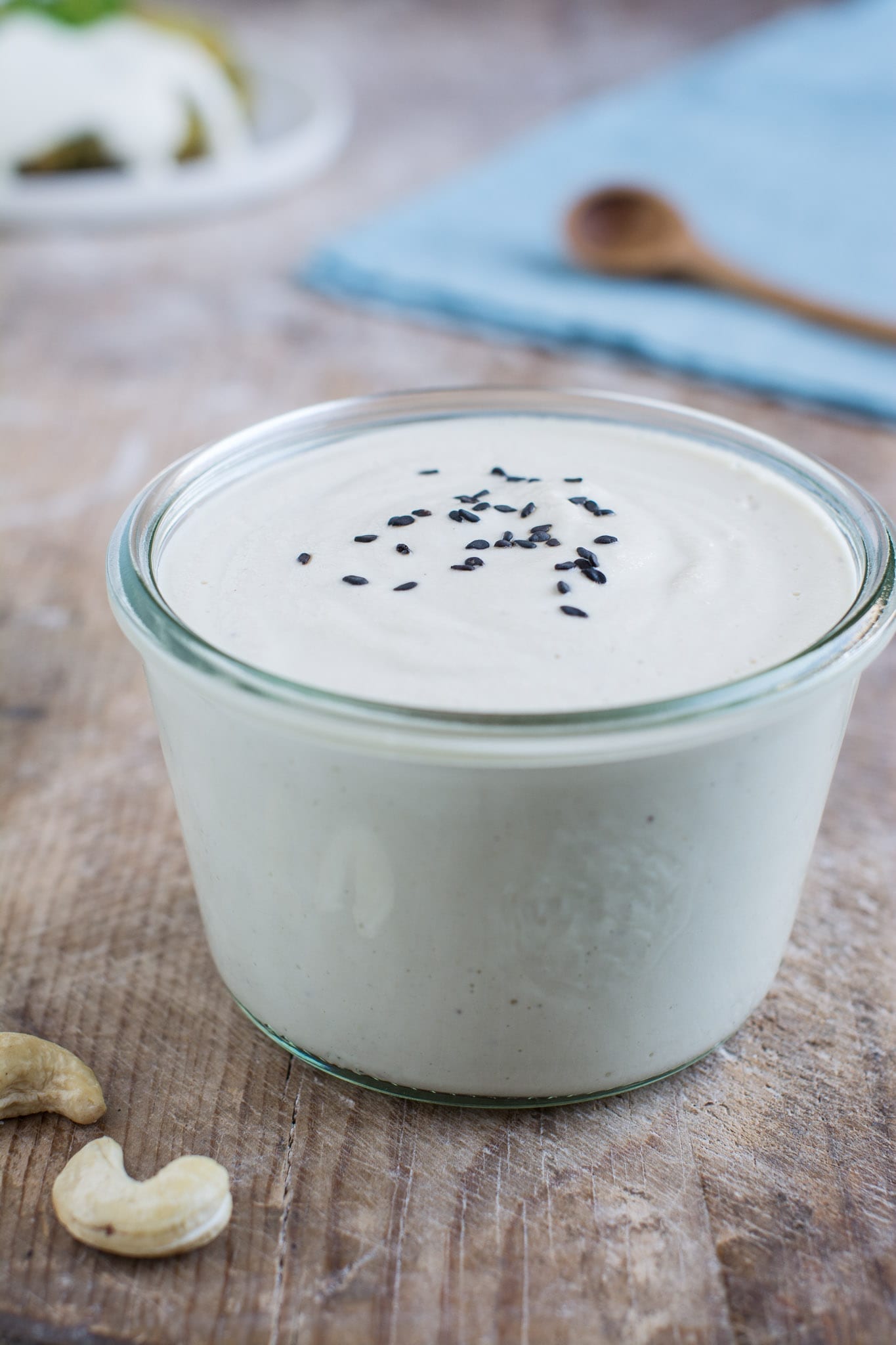 Vegan oil-free and gluten-free cashew sour cream that is quick to make and serves perfectly as dairy-free salad dressing or vegan mayonnaise in Russian potato salad.
