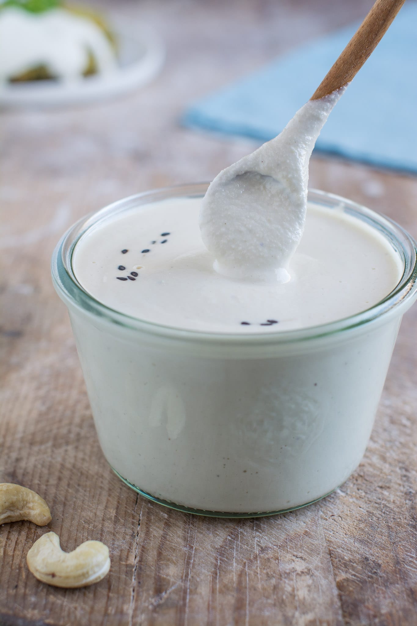 Vegan oil-free and gluten-free cashew sour cream that is quick to make and serves perfectly as dairy-free salad dressing or vegan mayonnaise in Russian potato salad.