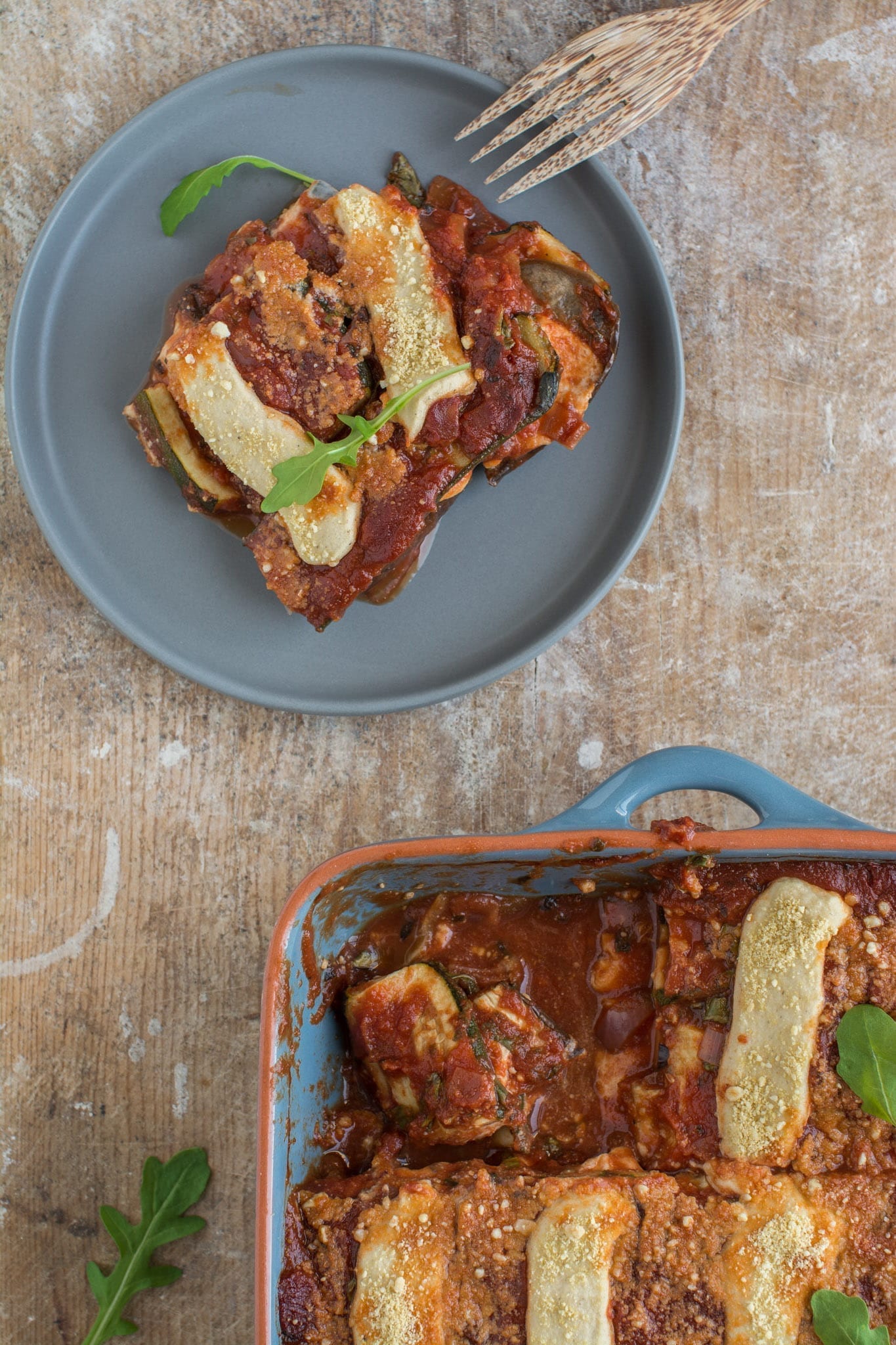 Superbly flavourful vegan tomato zucchini casserole with mozzarella that is oil-free and gluten-free. Excellent Mediterranean vegan recipe for side dish or main meal. 