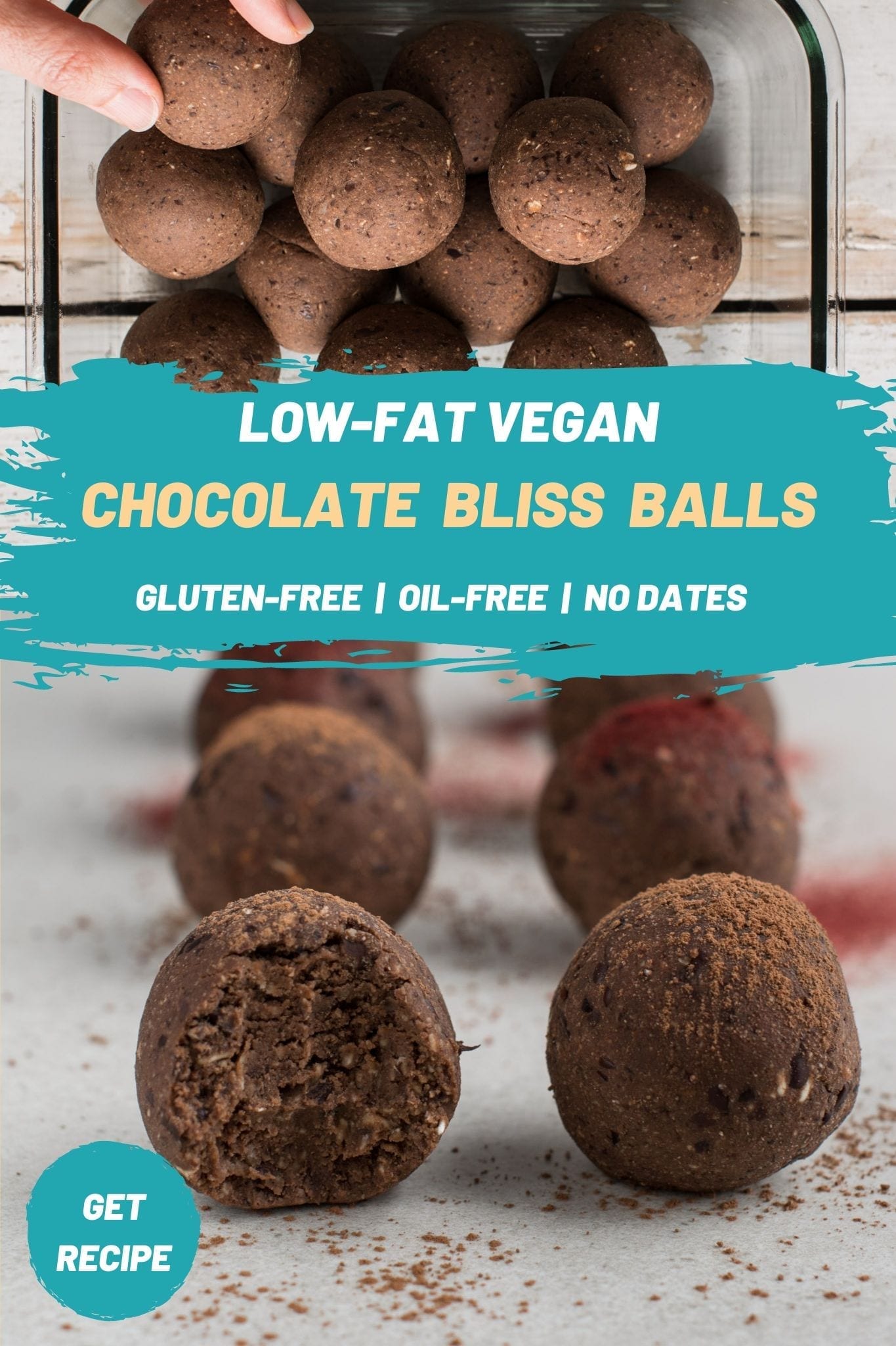 Healthy low-fat no dates chocolate bliss balls that make a great plant-based energy boosting sweet treat. Those energy balls are refined sugar free, oil-free and gluten-free. 