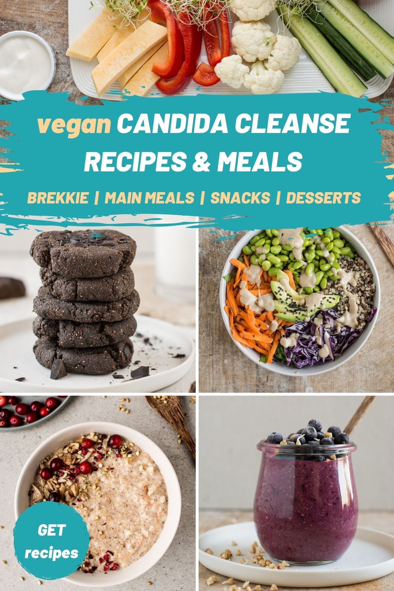 Delicious and satiating vegan Candida cleanse recipes: breakfast, lunch, dinner, snacks, and desserts. 