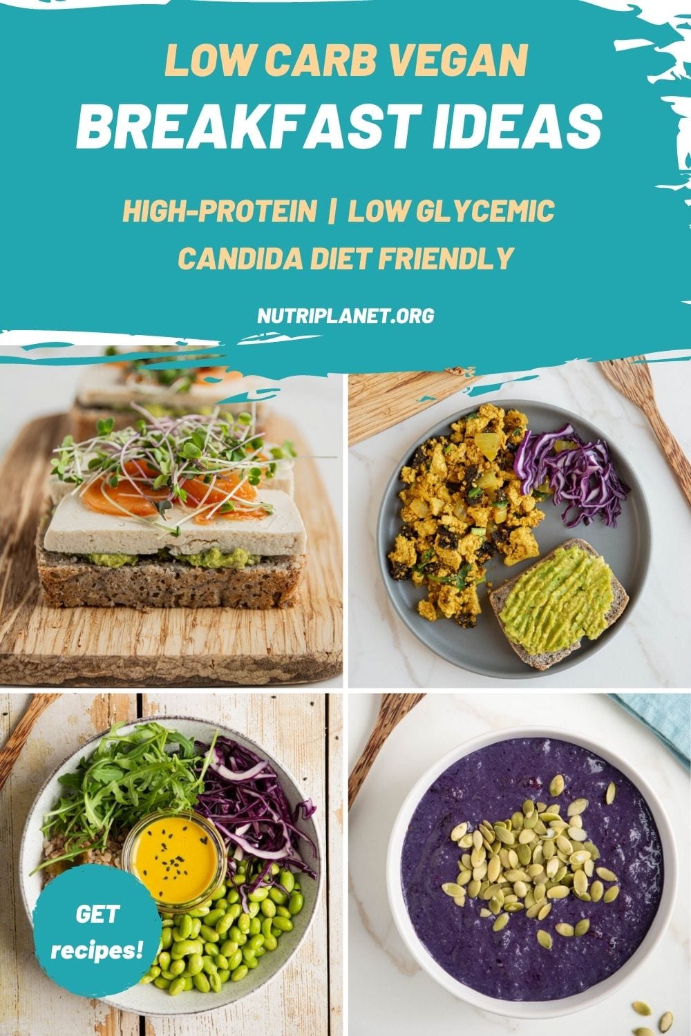 Learn how to make 4 low carb high-protein vegan breakfast ideas that are also high-protein, low glycemic, and vegan Candida diet friendly.