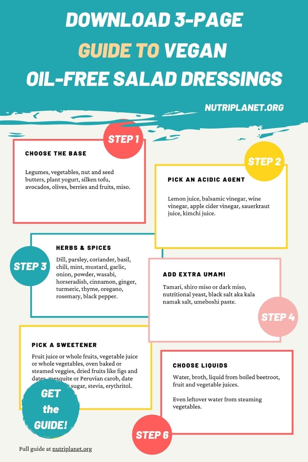 Download a printable step-by-step guide of how to make vegan oil-free salad dressings. 