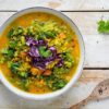 Learn how to make a vegan low glycemic curried red lentil soup with mung beans and kale. It’s a perfectly healthy quick and easy single serving meal to prepare for lunch.