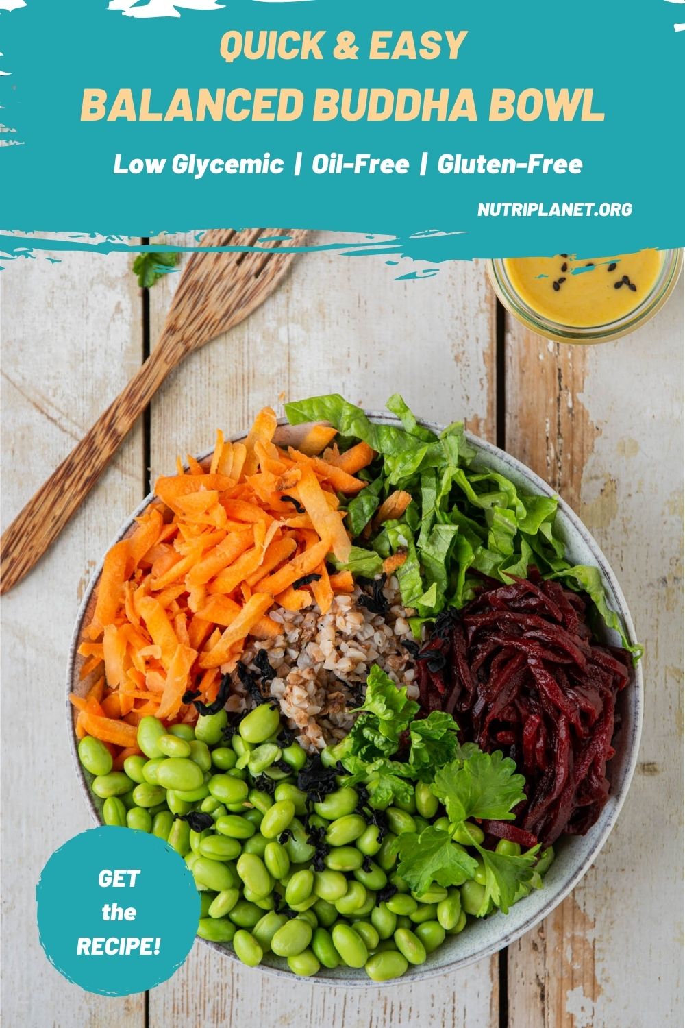 Learn how to make a filling balanced low glycemic vegan Buddha bowl with buckwheat, edamame beans, carrot, beetroot, and lettuce. And pour it over with a delicious oil-free salad dressing.