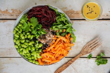 Learn how to make a filling balanced low glycemic vegan Buddha bowl with buckwheat, edamame beans, carrot, beetroot, and lettuce. And pour it over with a delicious oil-free salad dressing.