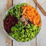 Learn how to make a filling balanced low glycemic vegan Buddha bowl with buckwheat, edamame beans, carrot, beetroot, and lettuce. And pour it over with a delicious oil-free salad dressing.