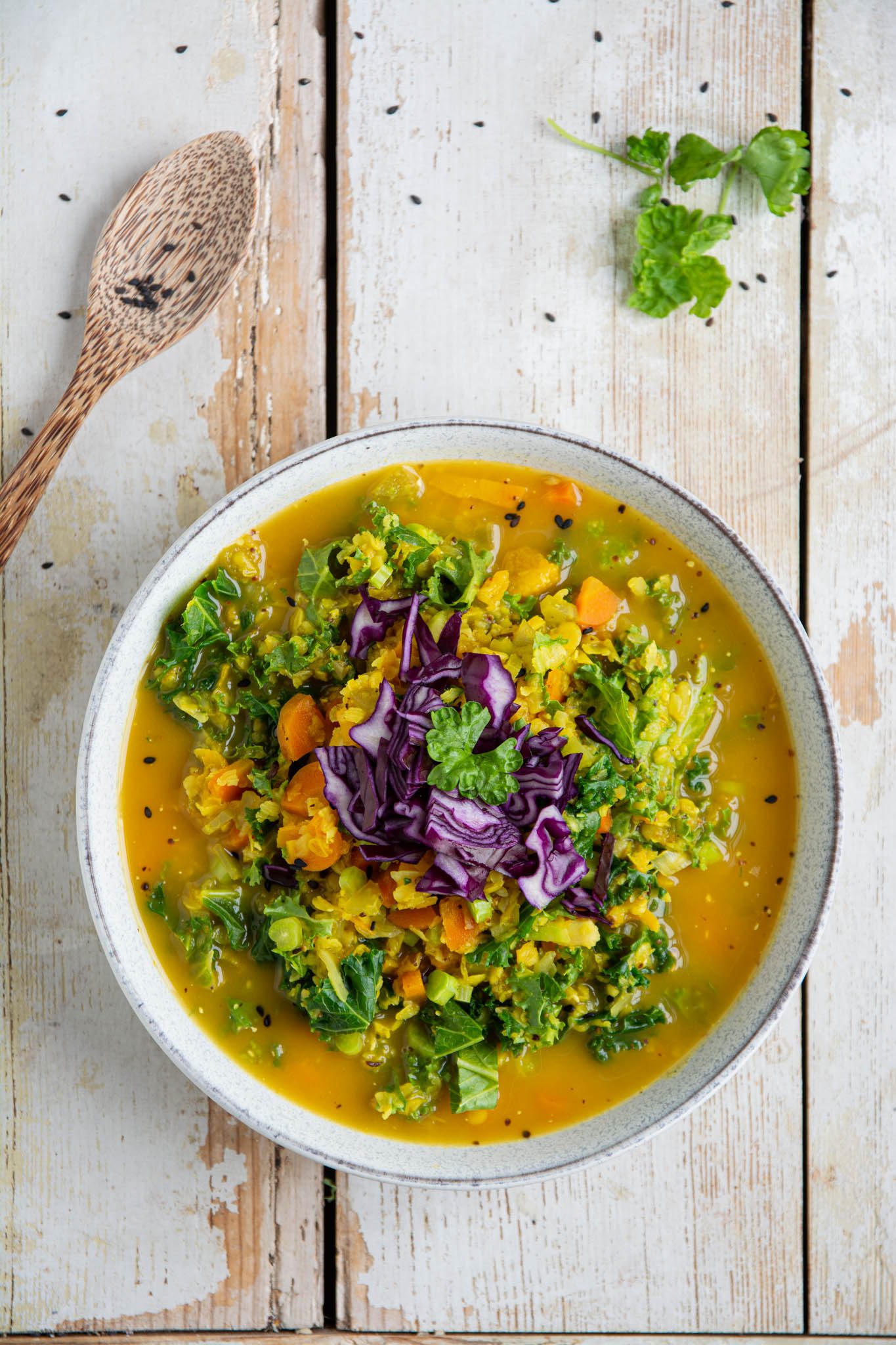 Learn how to make a vegan low glycemic curried red lentil soup with mung beans and kale. It’s a perfectly healthy quick and easy single serving meal to prepare for lunch.