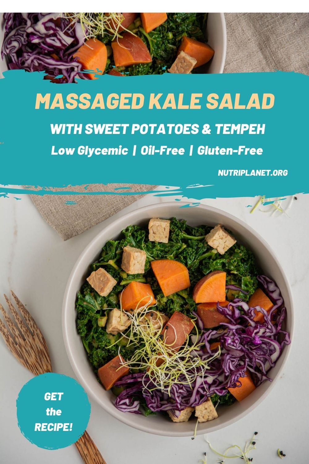 Any fan of kale will enjoy this healthy and delicious massaged kale salad that is ready in under 30 minutes. Steamed and massaged kale paired with sweet potatoes and tempeh makes a filling and nourishing plant-based meal. Using steamed kale for greater antioxidant capacity.