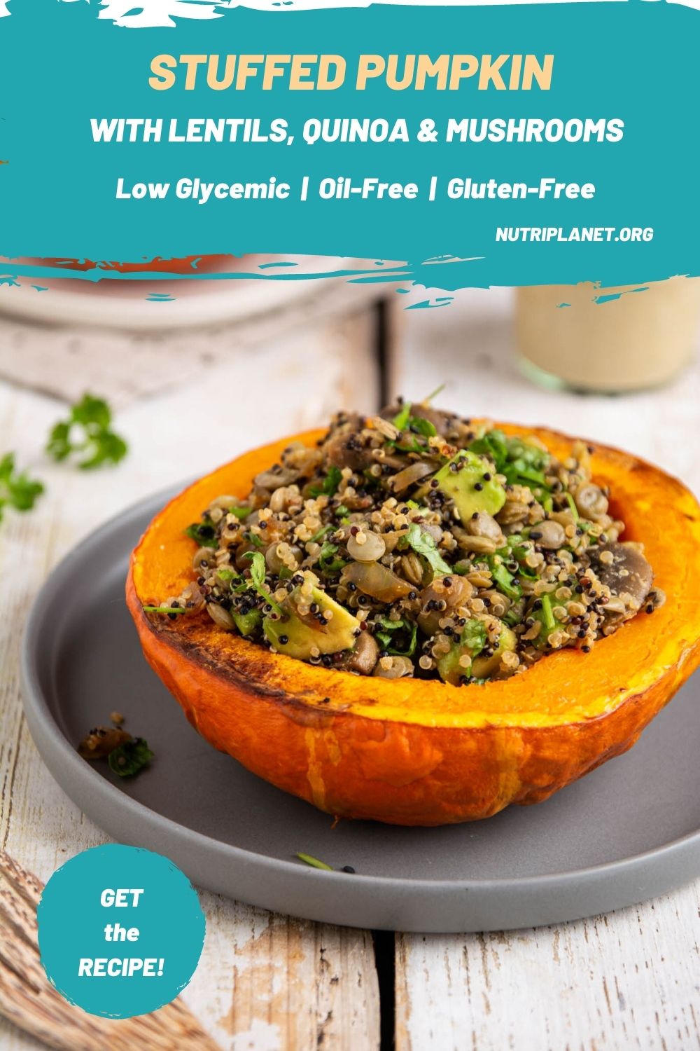 Learn how to make delicious and hearty festive vegan stuffed pumpkin with lentils, quinoa, and mushrooms. Moreover, my creamy and herby cashew-miso dressing will make this dish extra luscious.