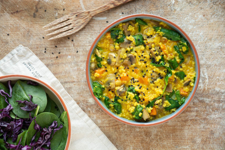 This creamy moong dal recipe with spinach and mushrooms is a great weekday meal accompanied by green salad and rice or pasta.