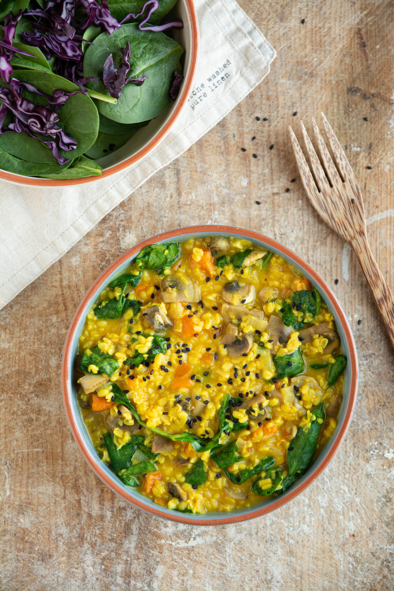 This creamy moong dal recipe with spinach and mushrooms is a great weekday meal accompanied by green salad and rice or pasta.