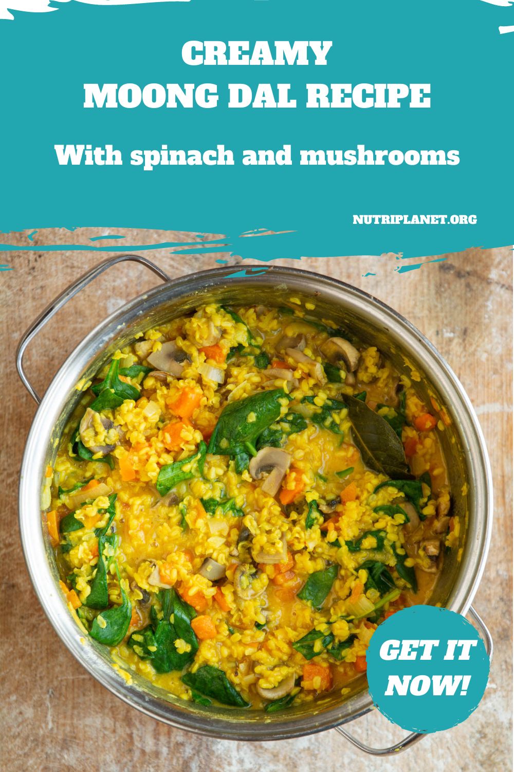 This creamy moong dal recipe with spinach and mushrooms is a great weekday meal accompanied by green salad and rice or pasta. 