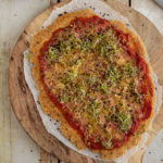 Healthy and delicious sweet potato pizza crust with wholesome ingredients.