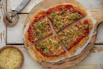 Healthy and delicious sweet potato pizza crust with wholesome ingredients.