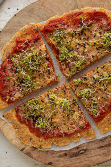 Healthy and delicious sweet potato pizza crust with wholesome ingredients.